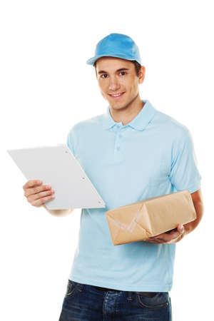 A messenger delivered by courier parcel. Shipping and logistics.の写真素材