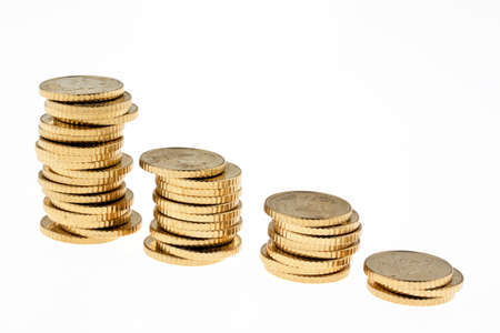 Several coin stack of Euro coins. Isolated on white background