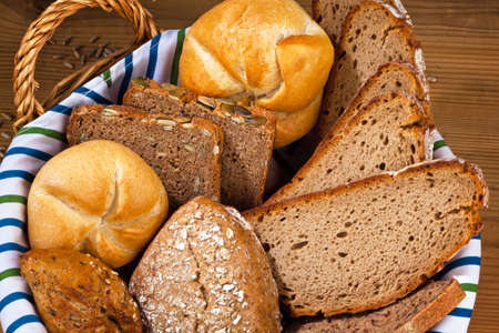 Several different kinds of bread. Healthy diet with fresh baked goods.
