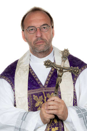 A Catholic priest with a cross on a white backgroundの写真素材