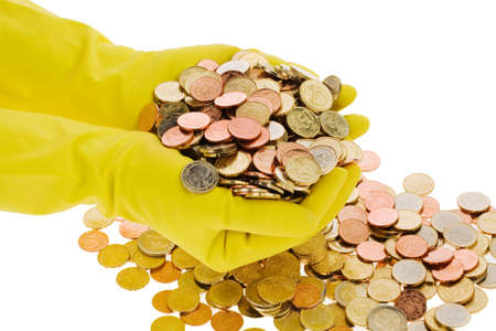 The latex glove of a cleaning lady on a white background. Many money MÃ¼nuzen ?の写真素材