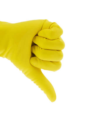 The latex glove of a cleaning lady on a white background. Thumbs down