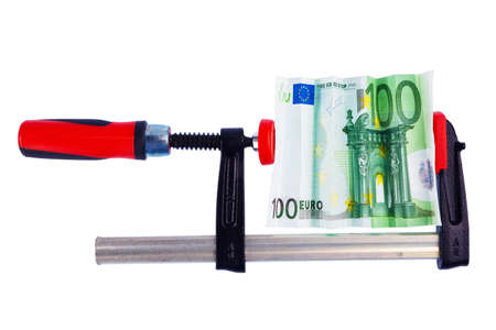 Financial or economic metaphor: euro bill in clampの写真素材