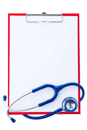 A clipboard with paper labels and a stethoscope. Survey findings with a doctor.の写真素材
