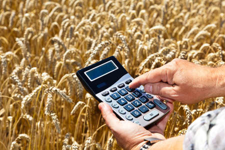 A farmer with a calculator on cereal box. Subsidies in agriculture