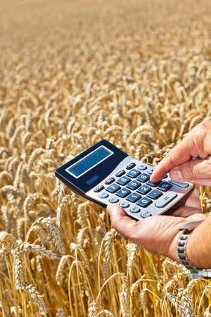 A farmer with a calculator on cereal box. Subsidies in agriculture