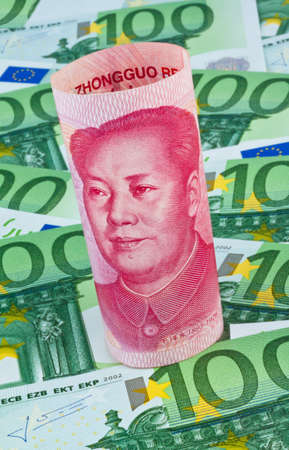 chinese yuan banknotes and euro banknotes money. different currenciesの写真素材