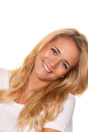 young nice woman. cheerful smile. portrait on a white backgroundの写真素材