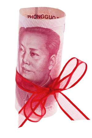 chinese yuan banknote with red ribbon white backgroundの写真素材