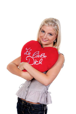 young woman with upholstery: i love you.の写真素材