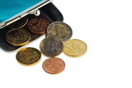 an empty wallet with a few euro coins. photo icon on debt and poverty