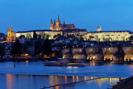 prague, charles bridge, prague castle prague castle and vltava riverの写真素材