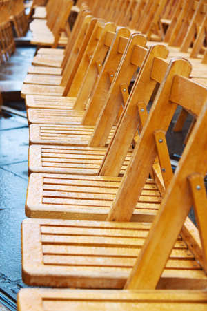 many empty chairs at events due to rain の写真素材