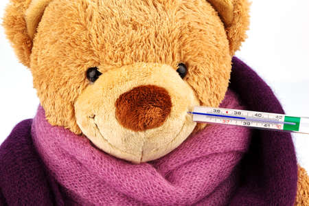 a plush bear with a thermometer in your mouth  representative photo of chills, fever and flu