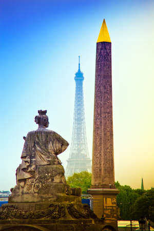 paris, france  place de la concorde  obelisk and the eiffel tower, the landmark of the city の写真素材