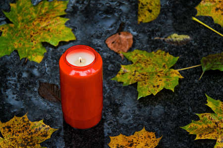 a grave light of all saints in the fall with leavesの写真素材