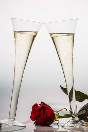 champagne or sparkling wine in a champagne glass with red rose  symbolic photo for celebrations, anniversaries, valentine s day, birthday の写真素材
