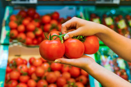 fresh red tomatoes in a supermarket shelf freshness の写真素材