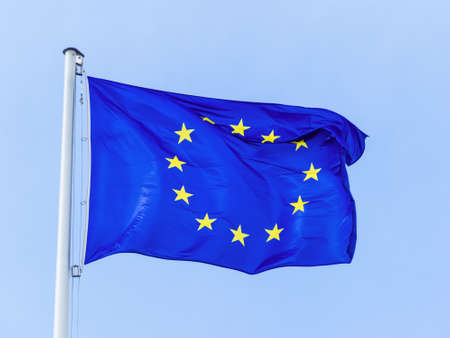 the european union flag blowing in the windの写真素材