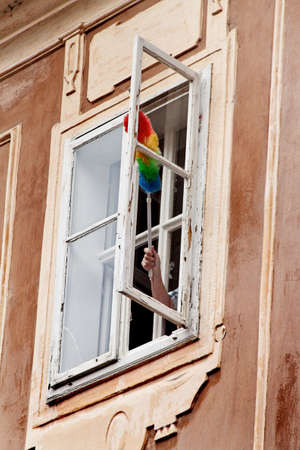 in an old house, a window is cleaned of woodの写真素材
