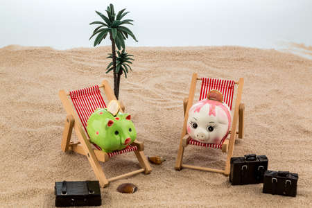 a piggy bank is located in a deck chair. symbolic photo for travel and low cost vacationの写真素材