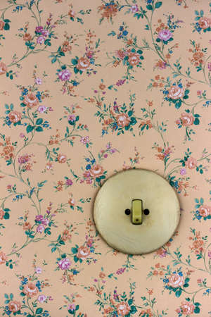 an old wallpaper with light switch. symbolic photo for renovation and remodel.の写真素材