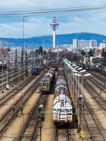freight trains on a shunting station in vienna. transportation of cargoes by rail.のeditorial素材