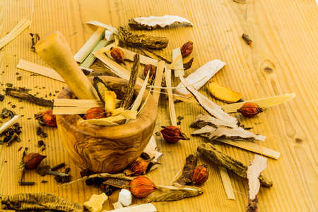 ingredients for a cup of tea in traditional chinese medicine. cure of diseases by alternative methods.の写真素材