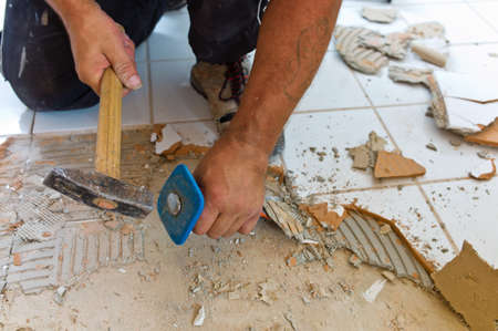 the renovation uind renovation of a bathroom by a construction workerの写真素材