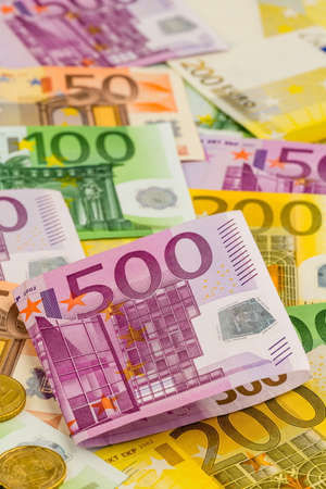many different euro bills. photo icon for wealth and investment.の写真素材