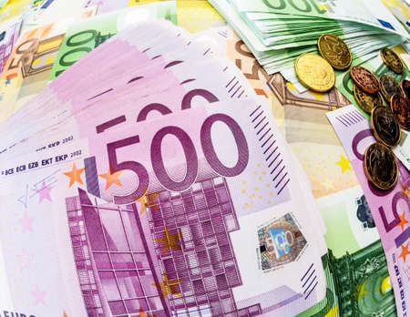 many different euro bills. photo icon for wealth and investment.