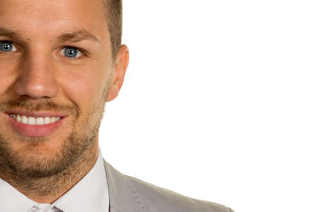 a man  stands in front of a white backgroundの写真素材