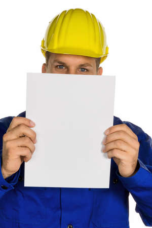 a handyman holding a blank sheet in handの写真素材