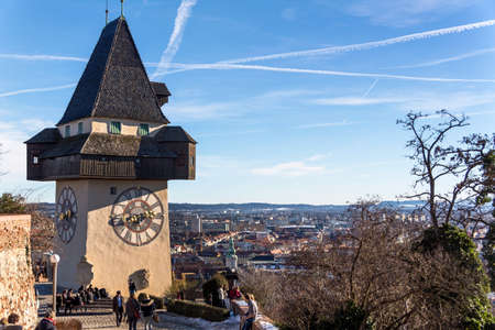 the clock tower is the landmark of the city of graz. capital of styria in austria