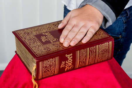 a woman says as a witness in court in a lawsuit. is sworn in and swears on the bible.