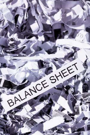 shredded paper tagged with balance sheet, symbolic photo for data destruction, budgets and accountingの写真素材
