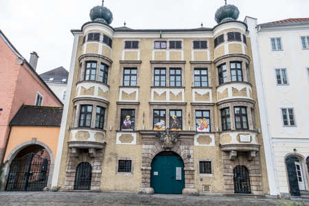 in an apartment building in the old town in linz, austria is a christmas nativity sceneのeditorial素材