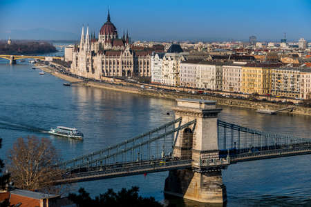 hungary, budapest. the chain bridge and parliament are the landmarks of the hungarian capital.の写真素材