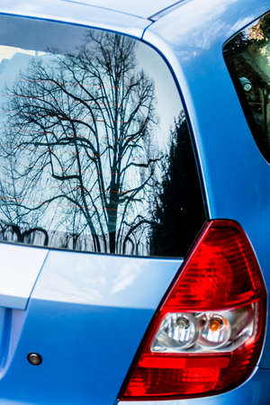 tree reflected in car window, symbol of nature and technology, contrast, artificial versus naturalの写真素材