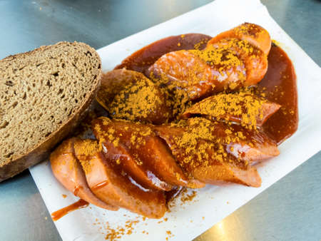 one sausage on a fast food standの写真素材