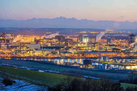 austria, upper austria, linz. night view of the industrial zoneの写真素材