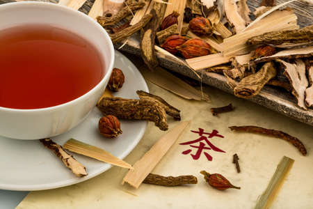 ingredients for a cup of tea in traditional chinese medicine. curing diseases through alternative methods.の写真素材