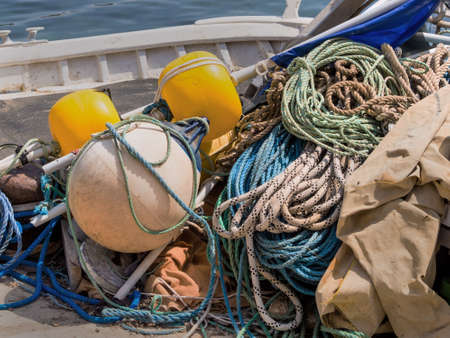 equipment on a boat, nets and ropesの写真素材