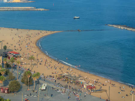 the beach for swimming in barcelona, ??spain. taken from the gondolaの写真素材