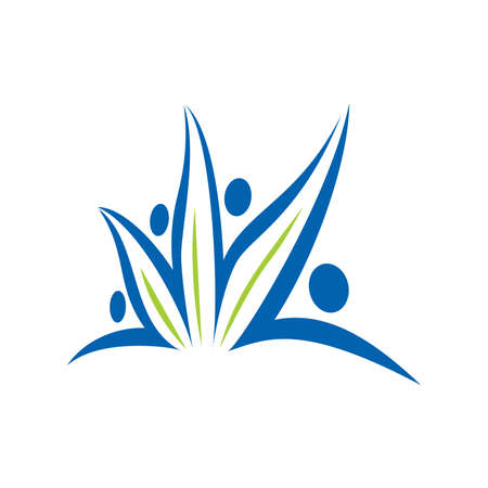 A vector illustration of grass and leaf swoosh people, simple line people sign in blue and green colorのイラスト素材