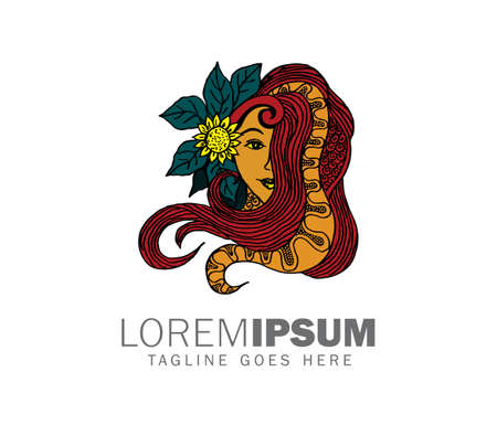 A vector illustration of young woman and leaf logo signのイラスト素材