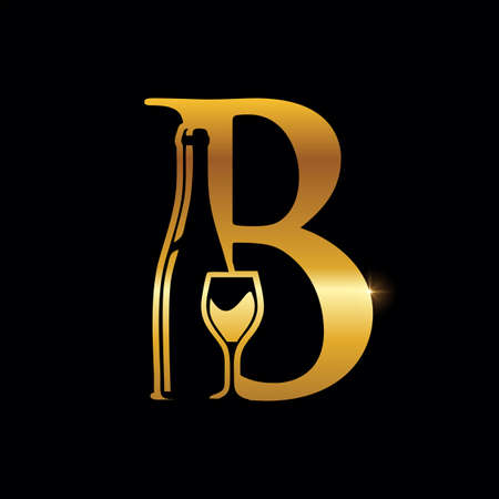 A vector illustration golden logo series of gold wine and bottle initial letter design in black backgroundのイラスト素材