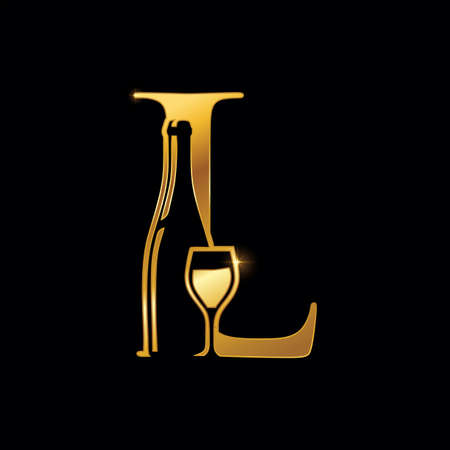 A vector Illustration of Gold Letter L with Wine Bottle and Glassのイラスト素材