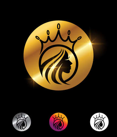 A vector Illustration set of Golden Crown and Beauty Vector Sign in black background with gold shine effect for luxury and royal logo signのイラスト素材