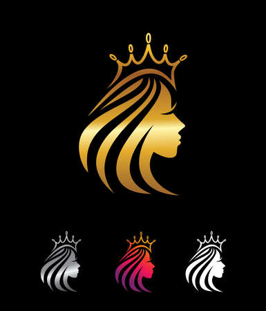 A vector Illustration set of Golden Crown and Beauty Vector Sign in black background with gold shine effect for luxury and royal logo signのイラスト素材